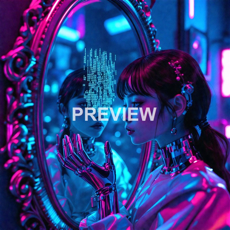 A woman with cyberpunk-style makeup and accessories gazes into a mirror that displays digital code, surrounded by vibrant neon lights in a futuristic setting.